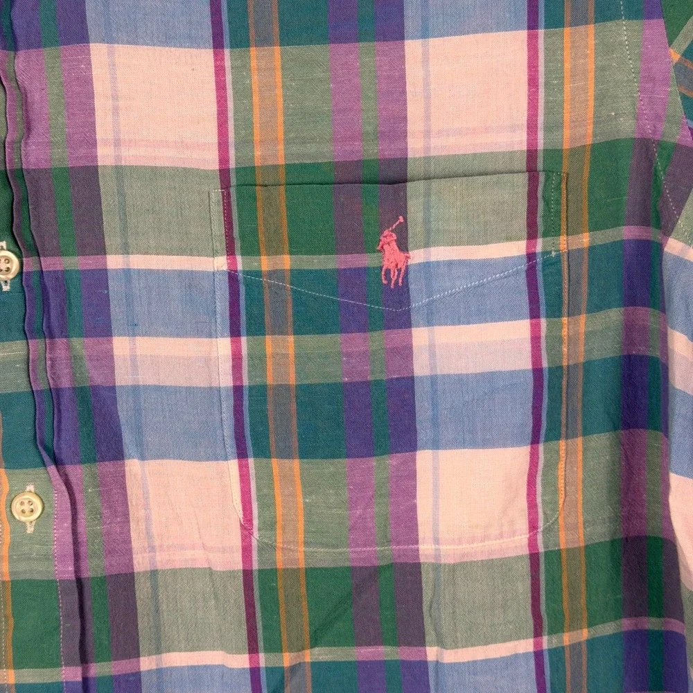 Ralph Lauren Shirt Men XXL Green Plaid Madras Cotton Viscose Short Sleeve Preppy